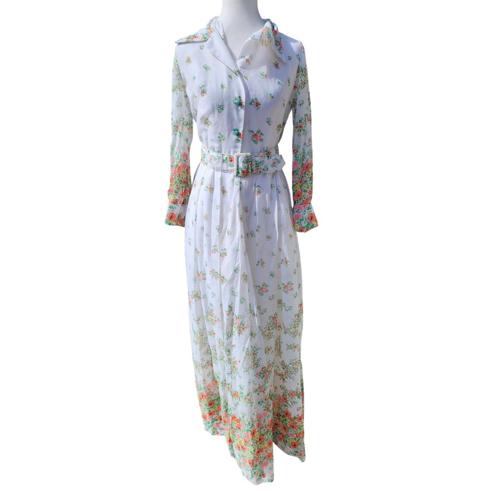 Vintage 70s Floral Maxi Dress White Orange Green Belted Long Sleeve Size 8 READ